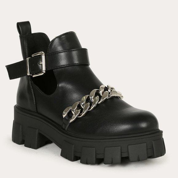 Chain Adorned Silver Chunky Platform Boot Cutout Buckle Lugged Bootie - Picture 2 of 7